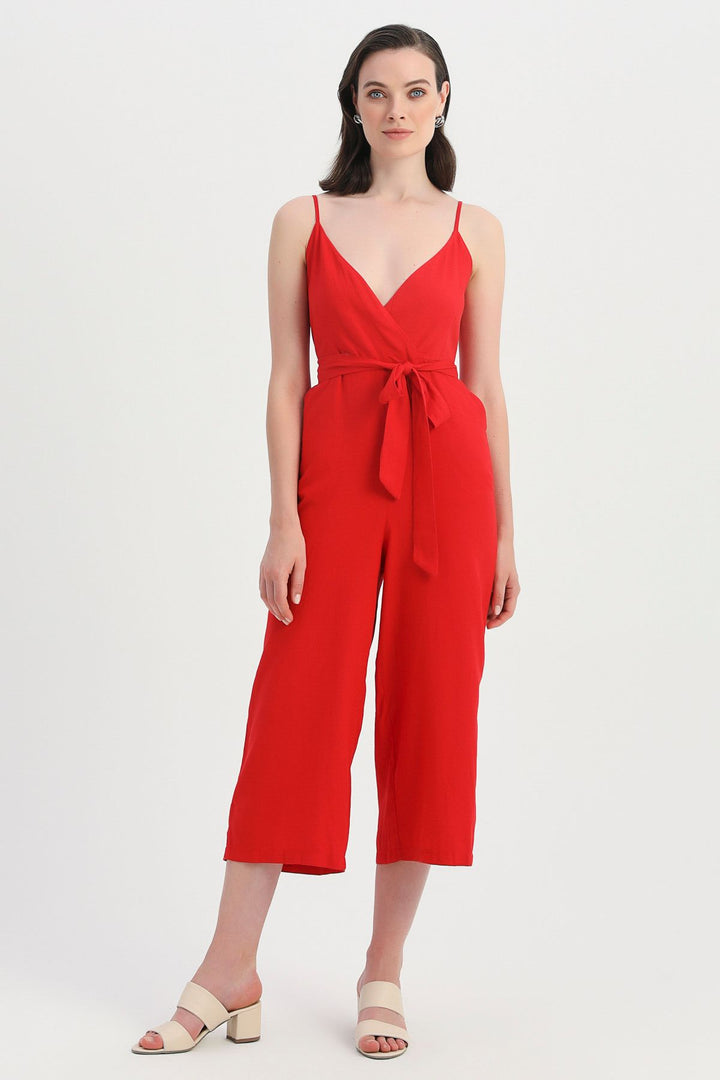 Strap Waist Belted Linen Jumpsuit Red
