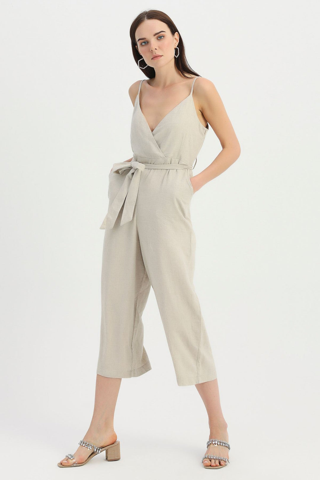 Askılı Beli Kuşaklı Keten Tulum Naturel