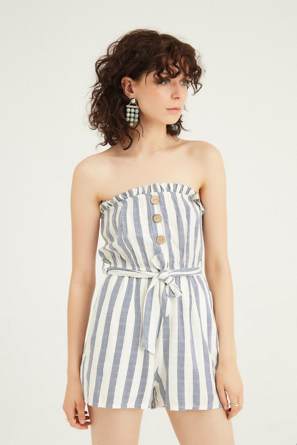 Buttoned Striped Linen Shorts Jumpsuit Indigo