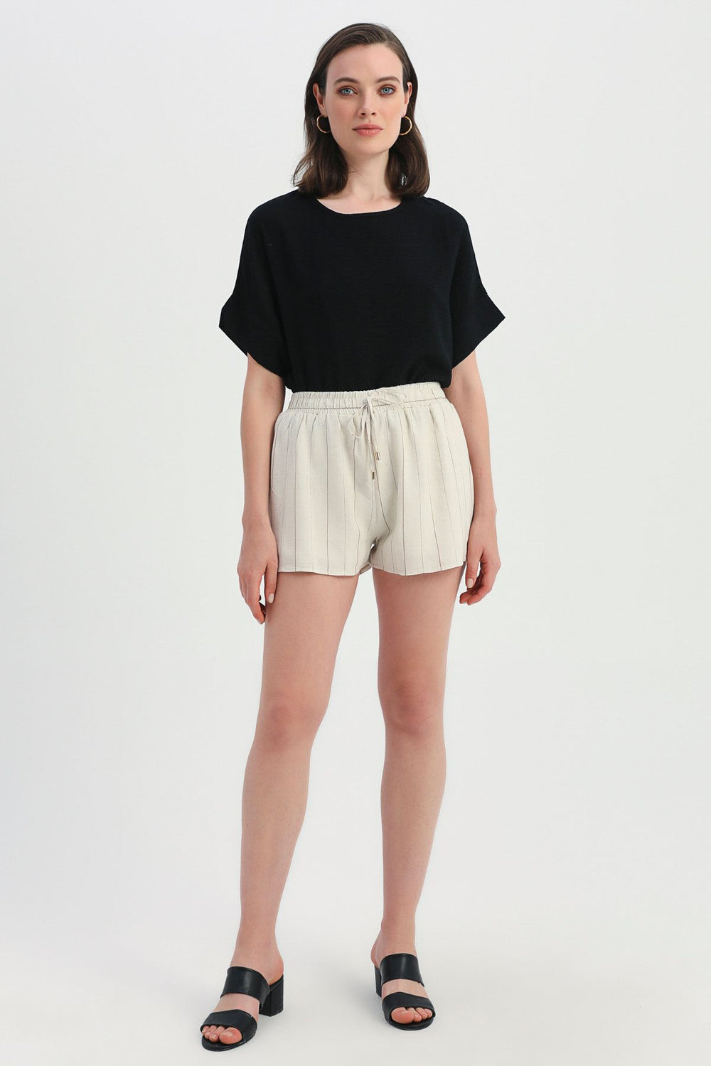 Striped Elastic Waist Linen Shorts Brown