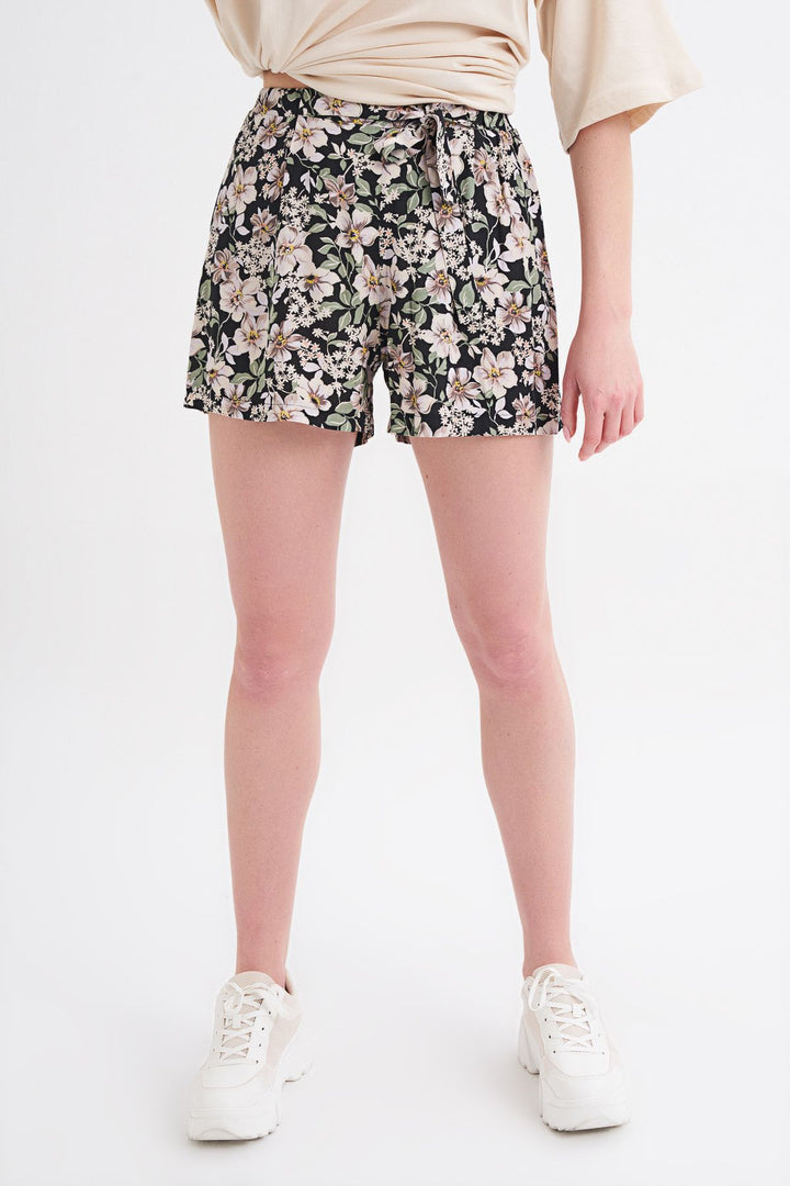 Patterned Tie Waist Shorts Black