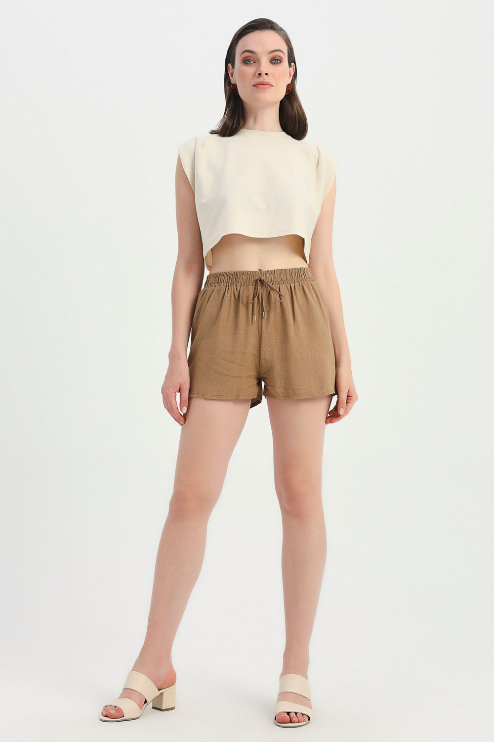 Elastic Waist Linen Shorts Brown