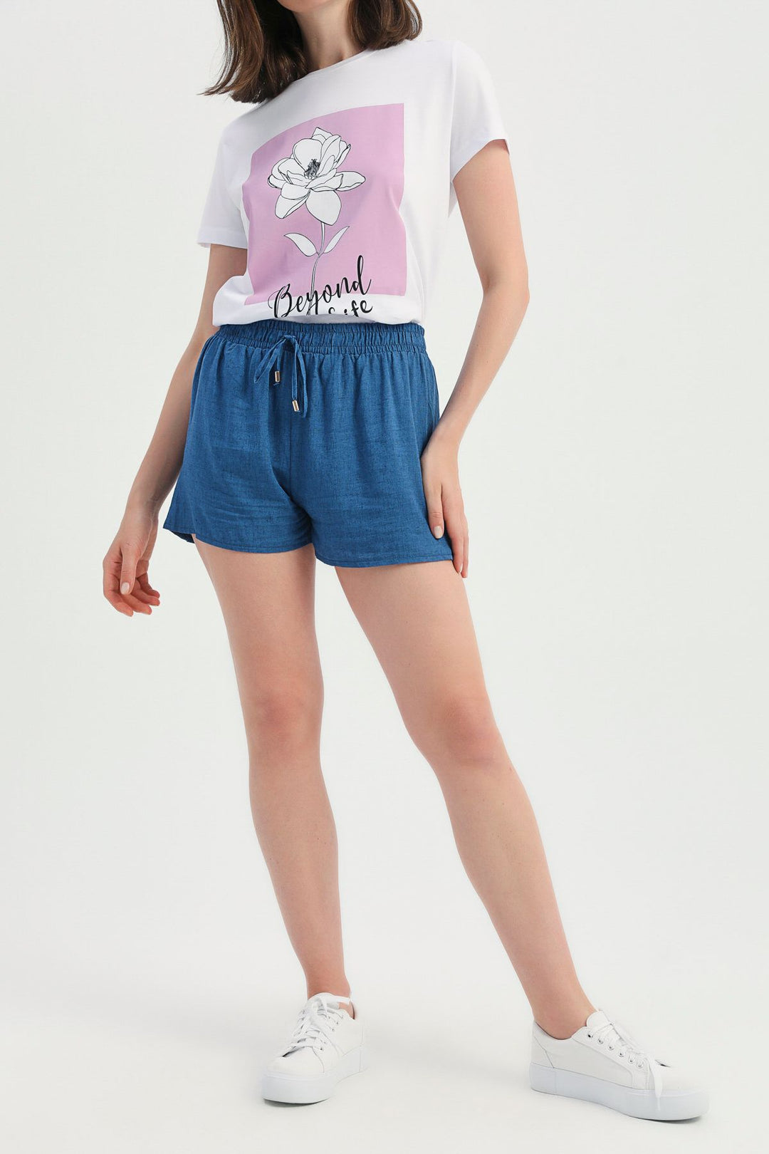 Elastic Waist Linen Shorts Indigo