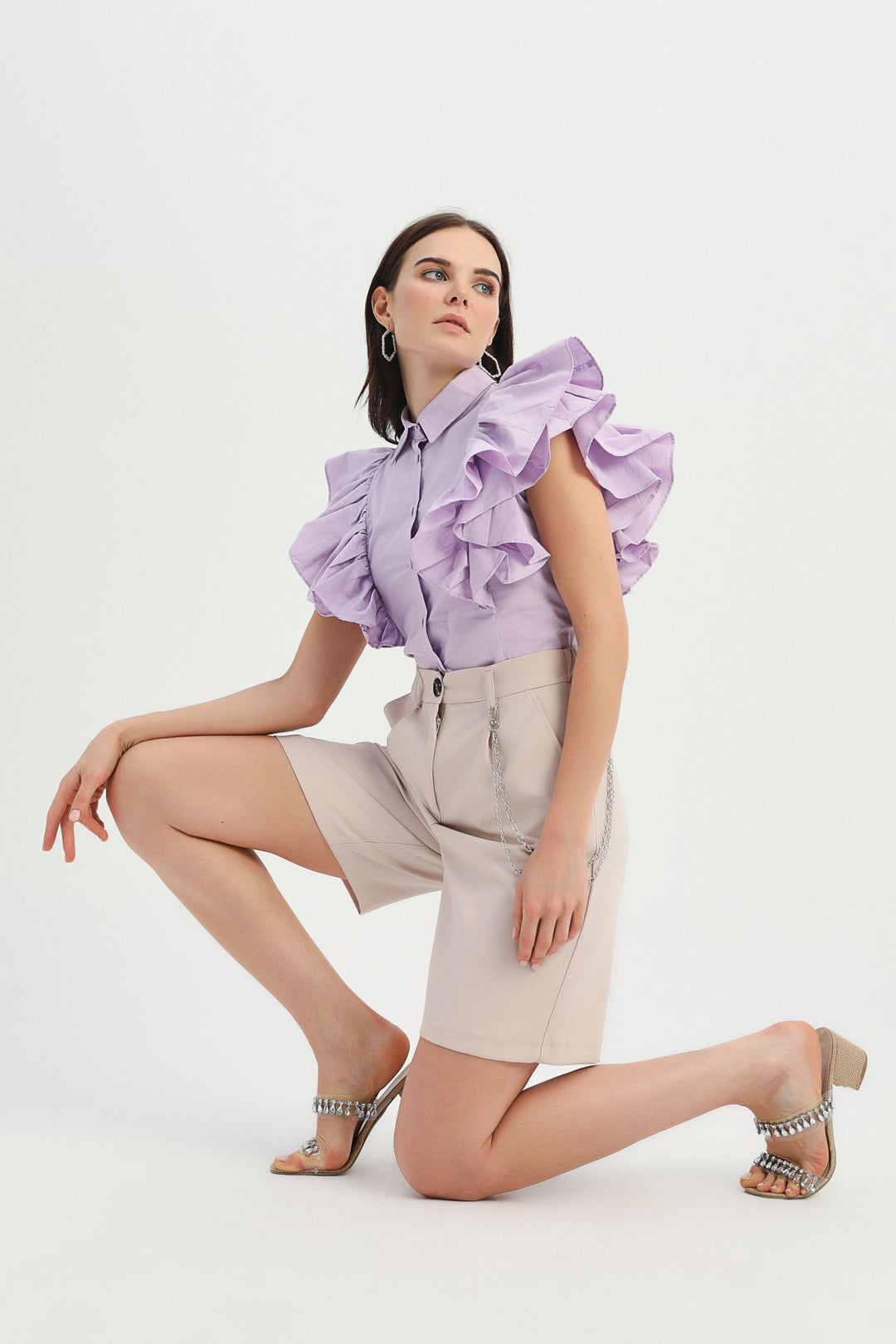 Chain Detailed High Waist Shorts Beige