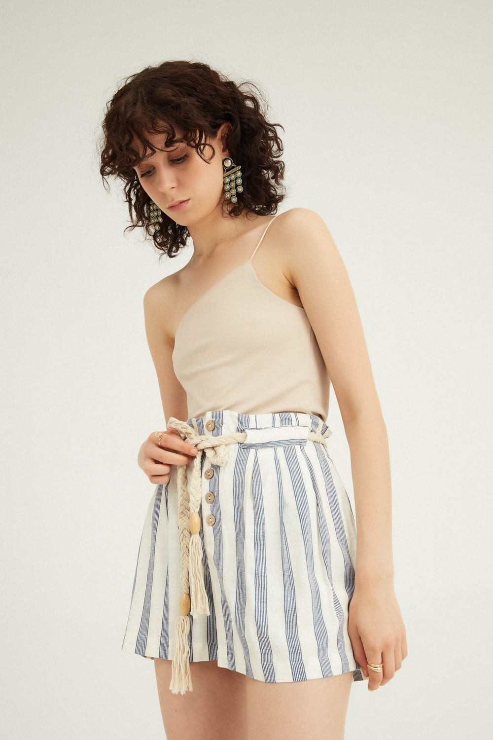 Striped Belted Linen Shorts Indigo