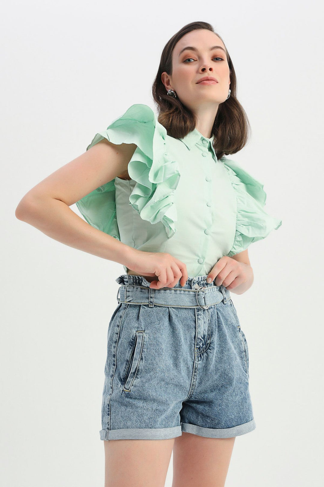 Belted High Waist Denim Shorts Light Blue