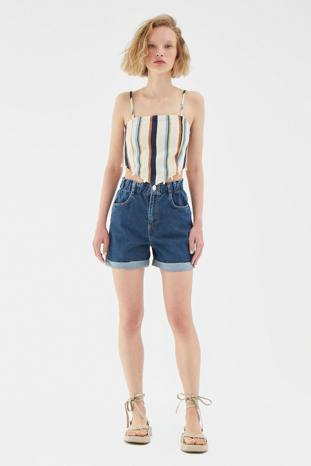 Double Leg Elastic Waist Denim Shorts Blue