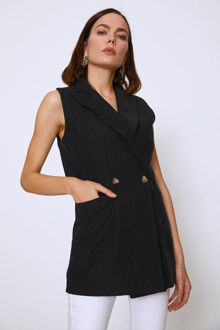 Kruvaze Cepli Kolsuz Ceket Siyah