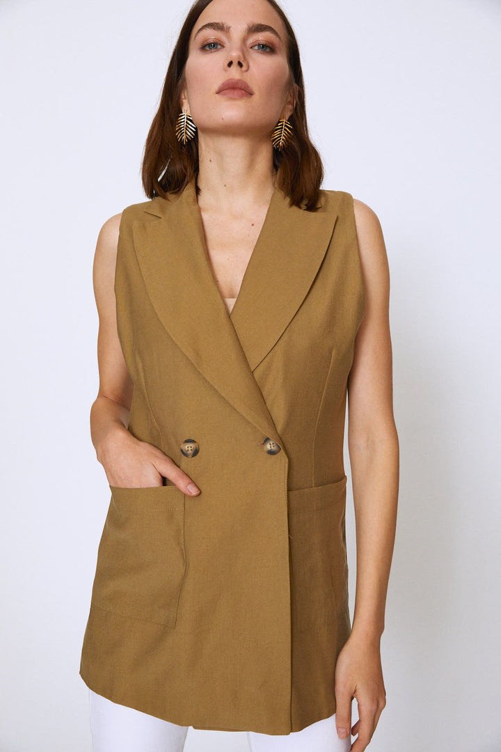 Double Breasted Pocket Sleeveless Jacket Khaki