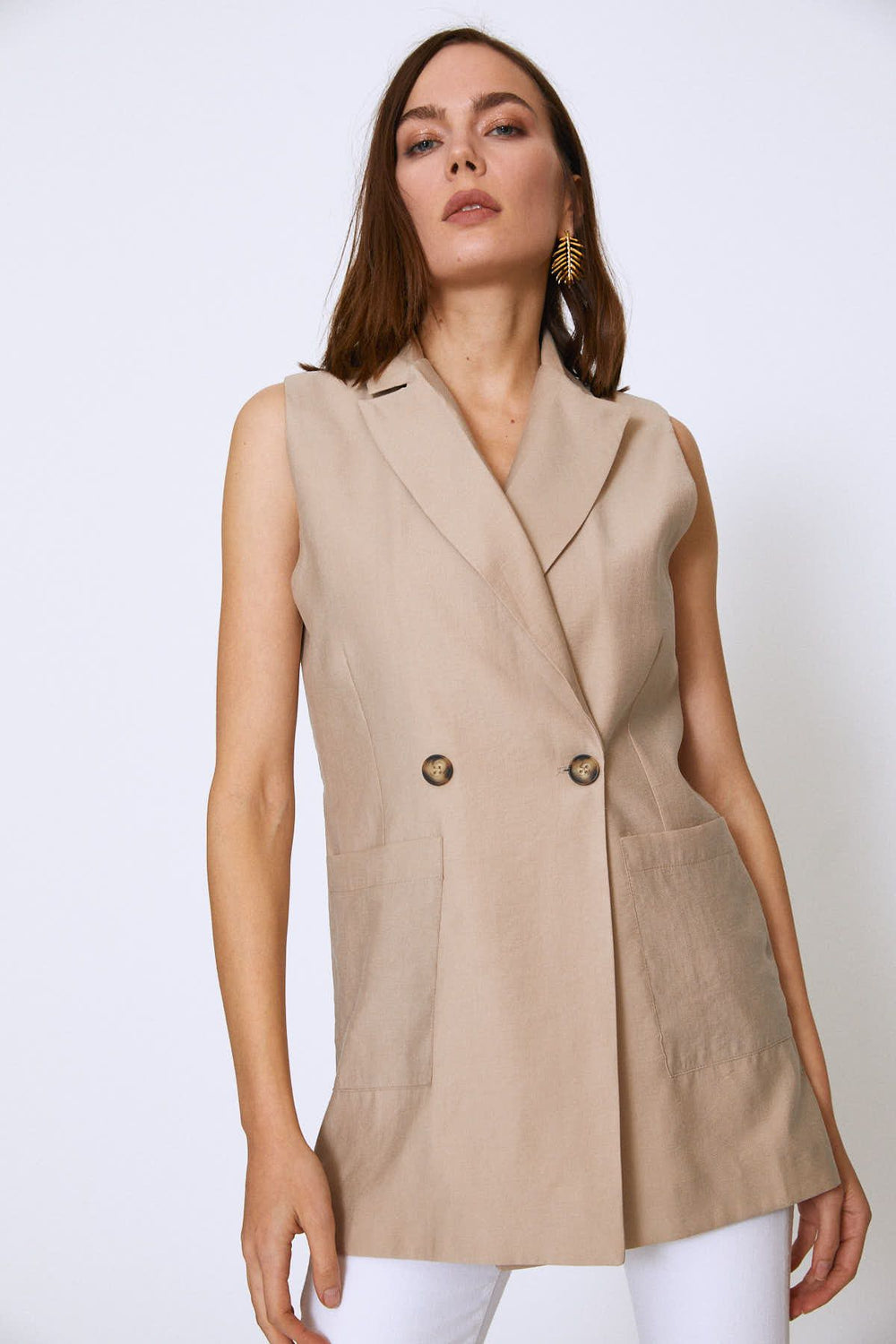 Kruvaze Cepli Kolsuz Ceket Taş