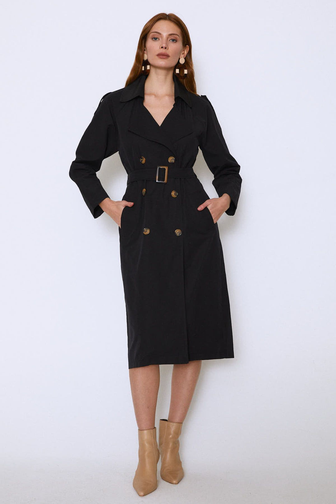 Epaulette Waist Belted Trench Coat Black