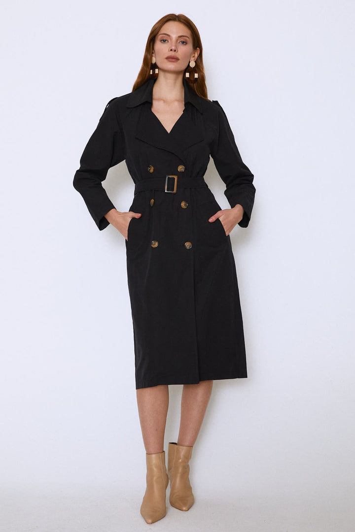 Epaulette Waist Belted Trench Coat Black