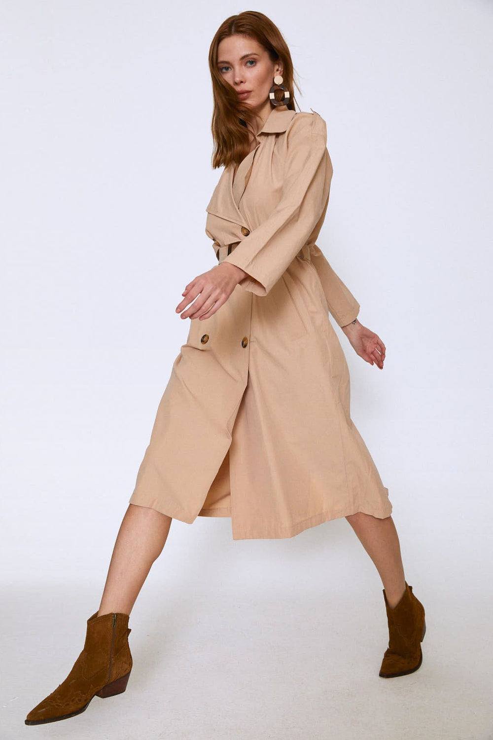 Epaulette Waist Belted Trench Coat Camel