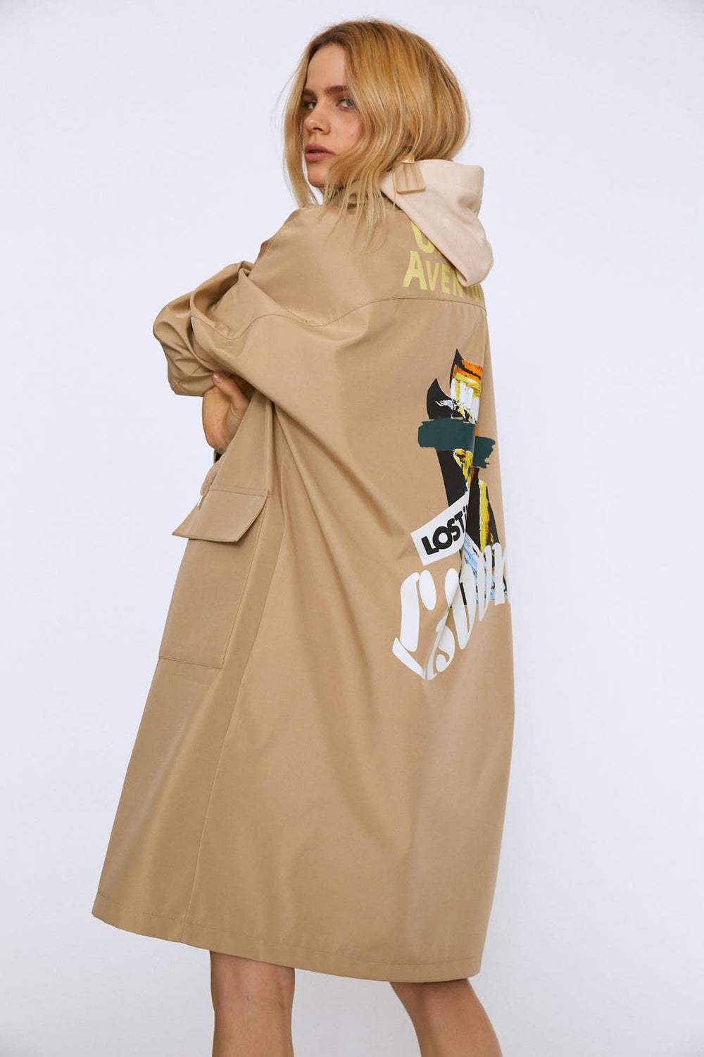 Back Printed Hooded Long Trench Coat Beige