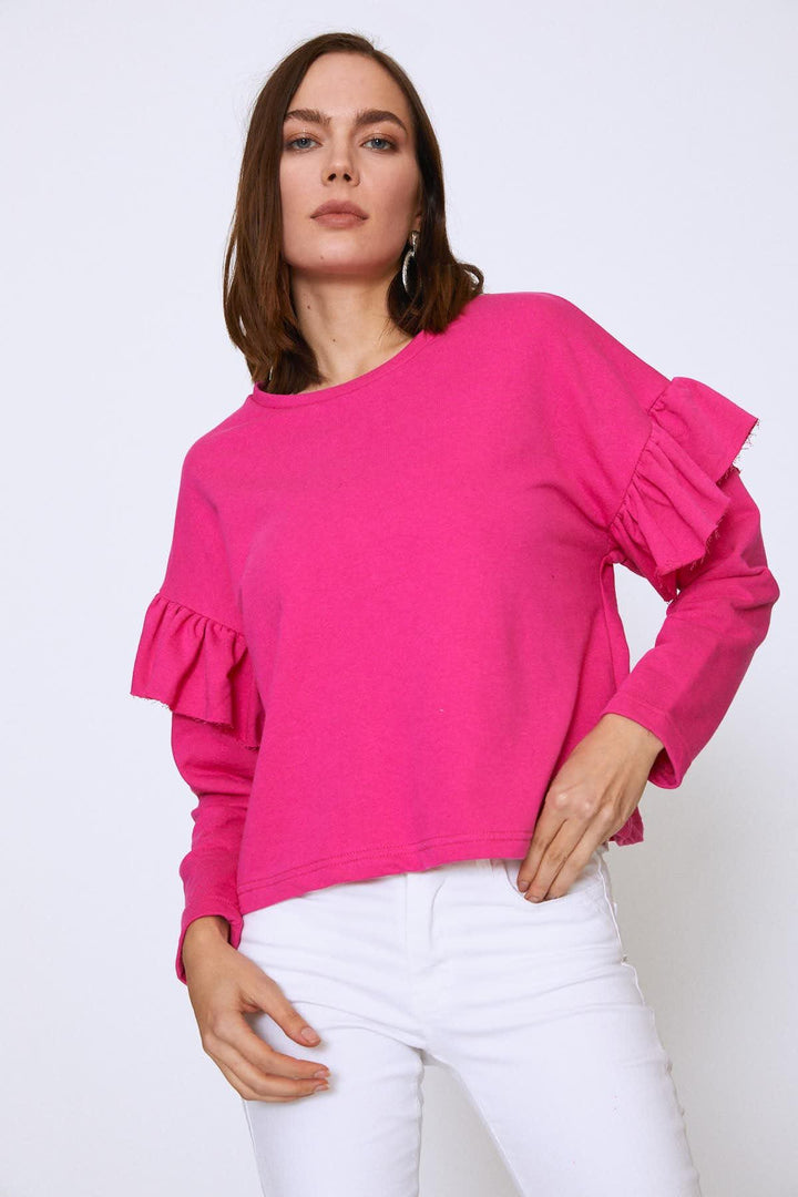 Crew Neck Sleeves Frilly Sweatshirt Fuchsia