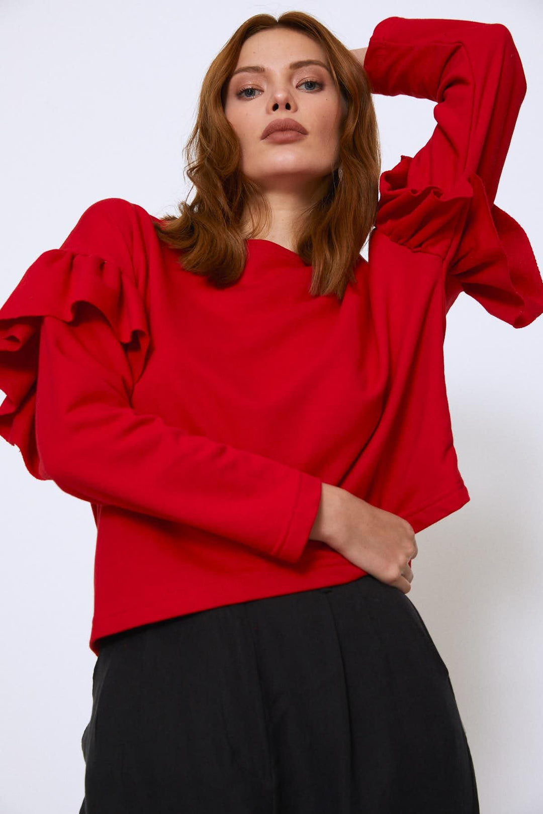 Crew Neck Sleeves Frilly Sweatshirt Red