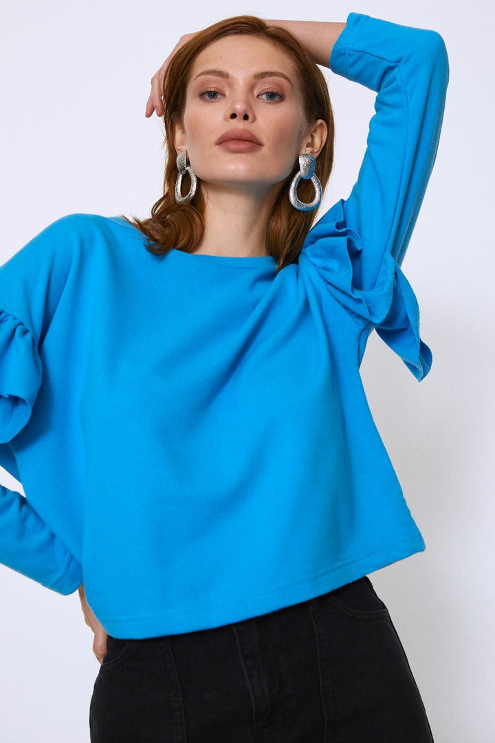 Crew Neck Sleeves Frilly Sweatshirt Turquoise