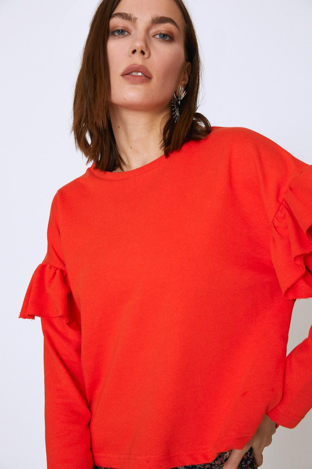 Crew Neck Sleeves Frilly Sweatshirt Orange