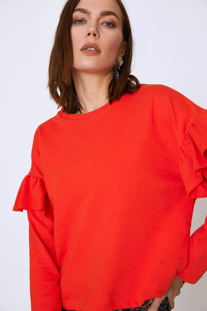 Crew Neck Sleeves Frilly Sweatshirt Orange