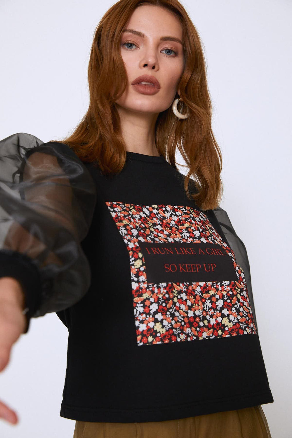 Organza Sleeves Printed Front Sweatshirt Black