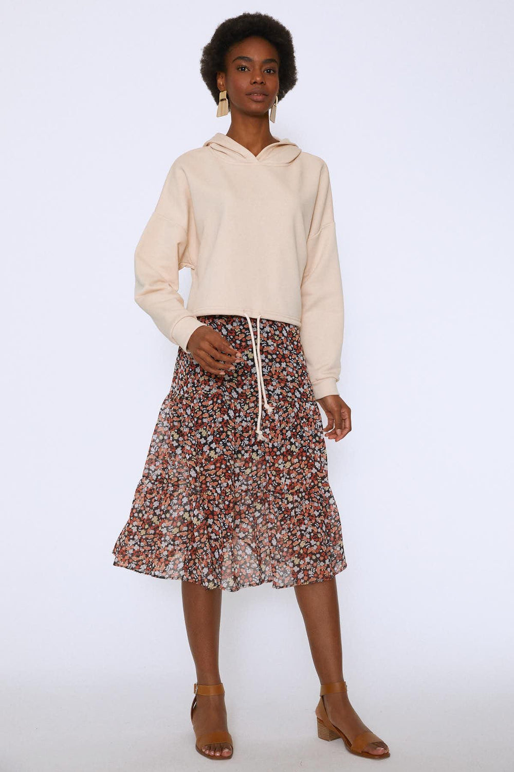 Hooded Tie Waist Sweatshirt Beige