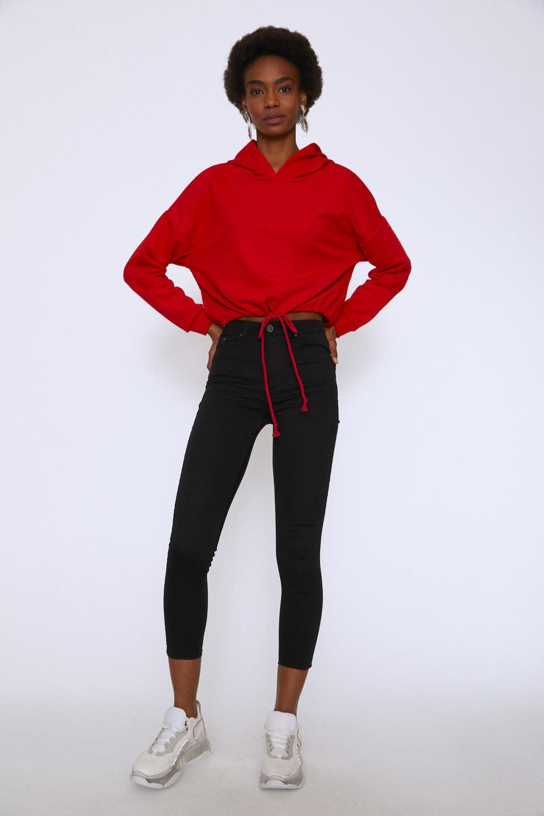 Hooded Tie Waist Sweatshirt Red