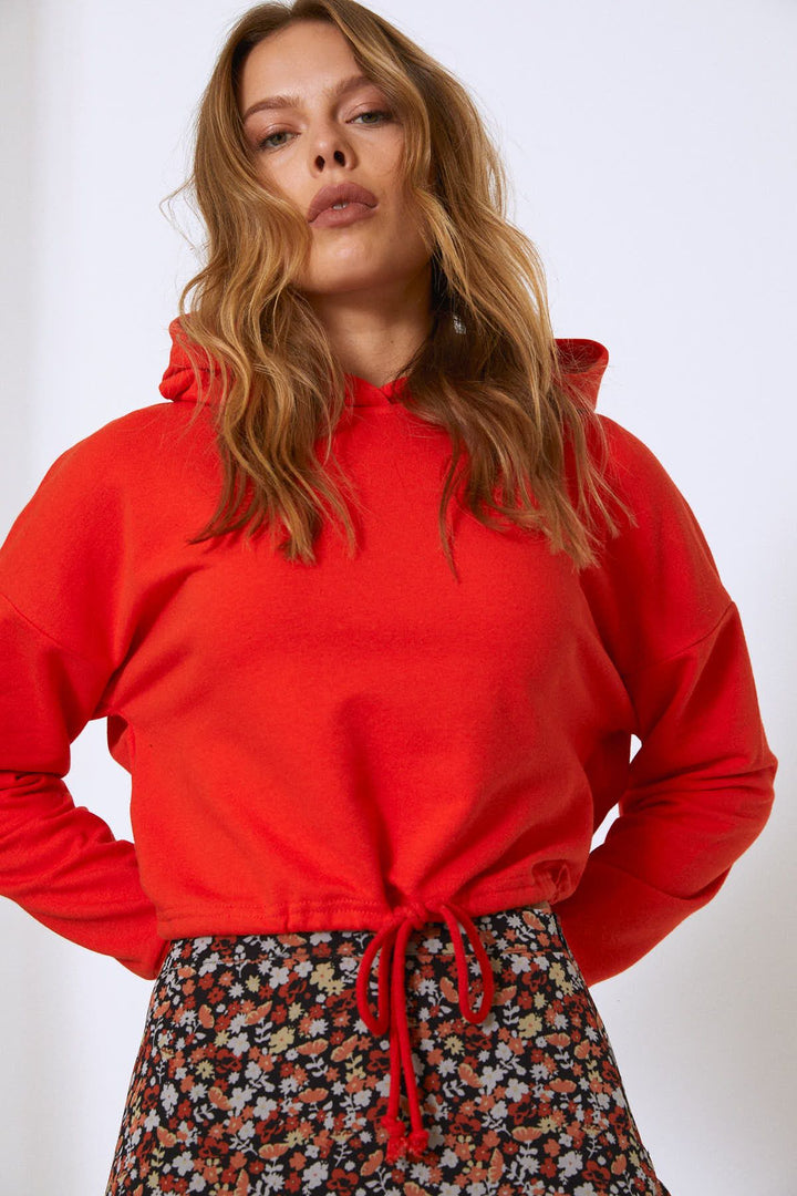 Kapüşonlu Beli Bağcıklı Sweatshirt Oranj