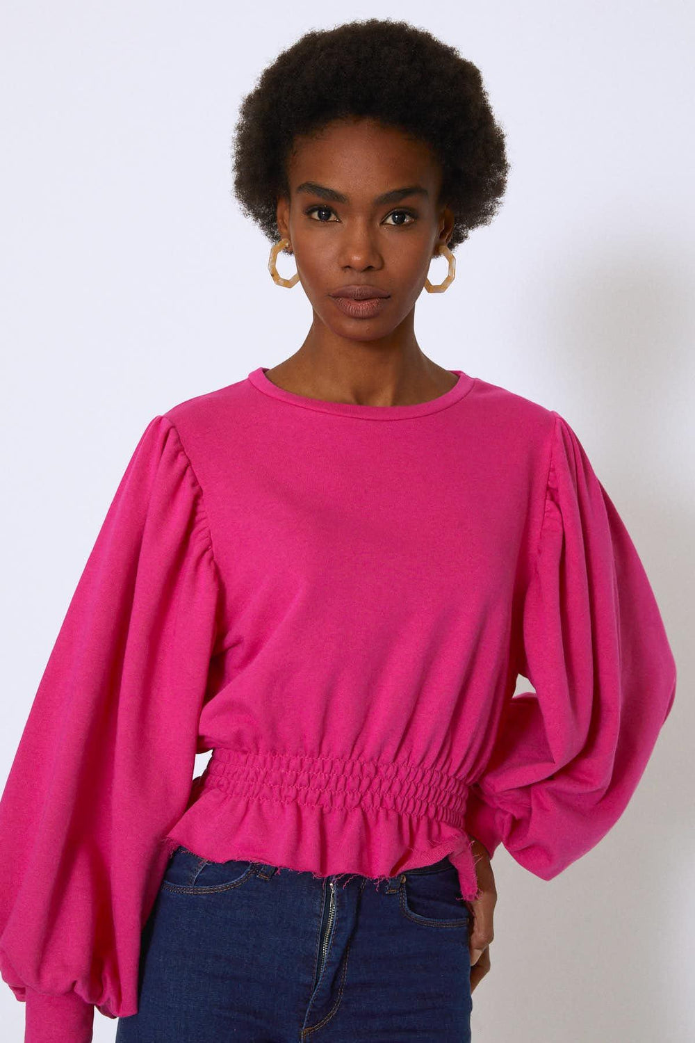 Beli Gipeli Balon Kol Sweatshirt Fuşya