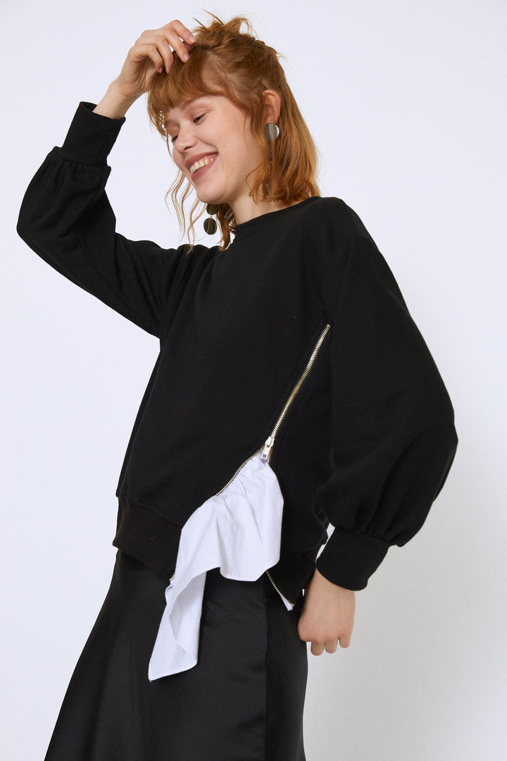 Bisiklet Yaka Yandan Fermuarlı Sweatshirt Siyah