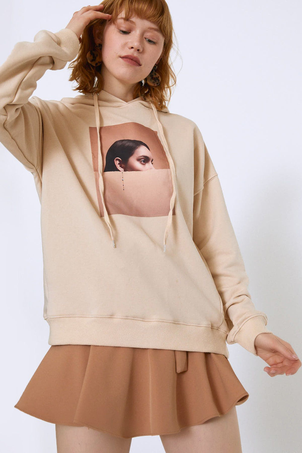 Front Printed Hoodie Sweatshirt Beige