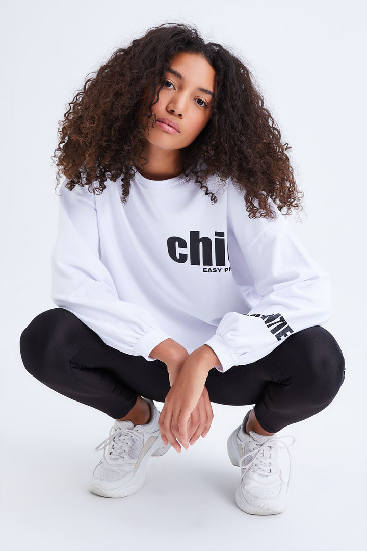 Crew Neck Oversize Printed Sweatshirt White
