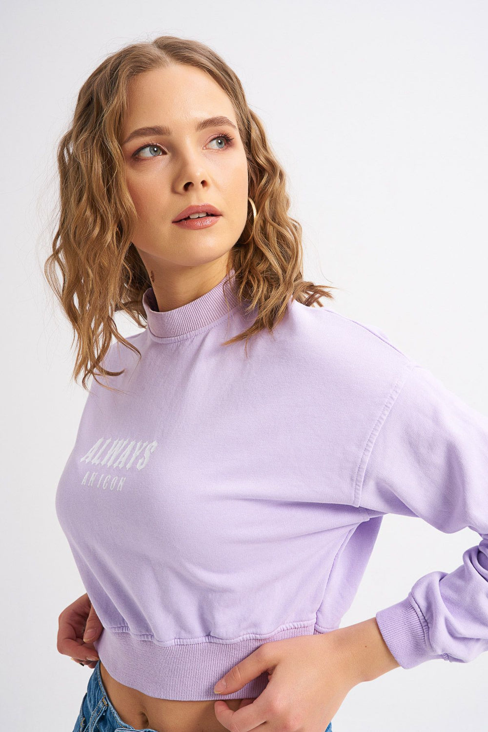Letter Printed Crop Sweatshirt Lilac