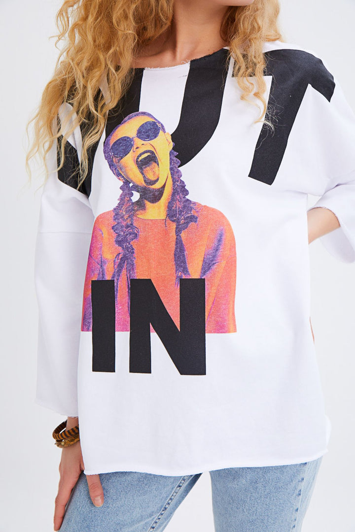 Baskılı Sweatshirt Beyaz