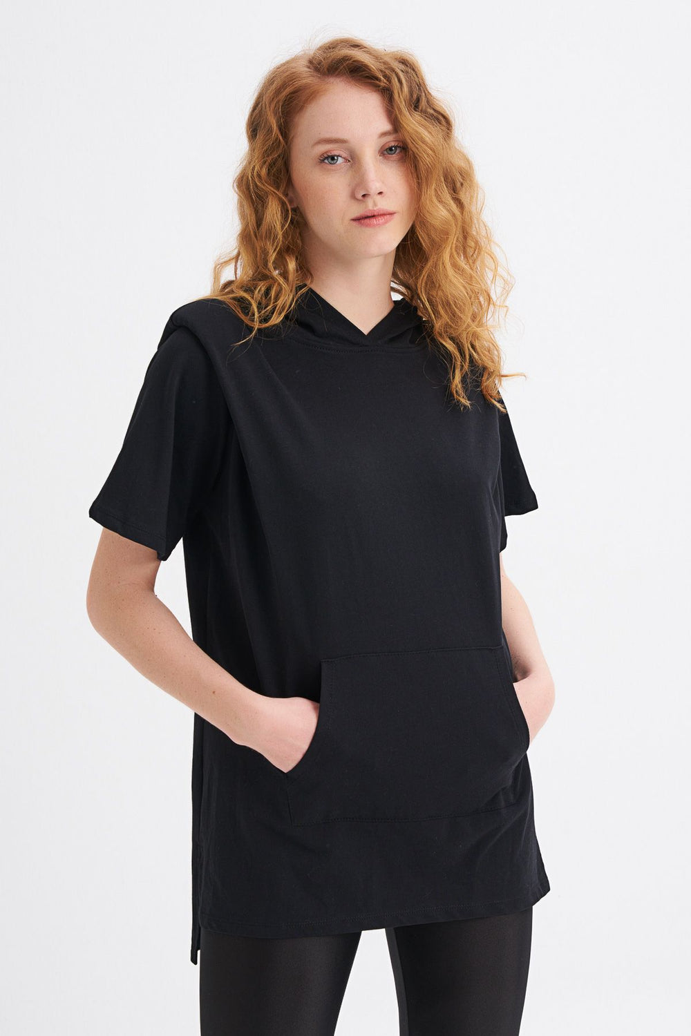 Hooded Kangaroo Pocket Long Sweatshirt Black