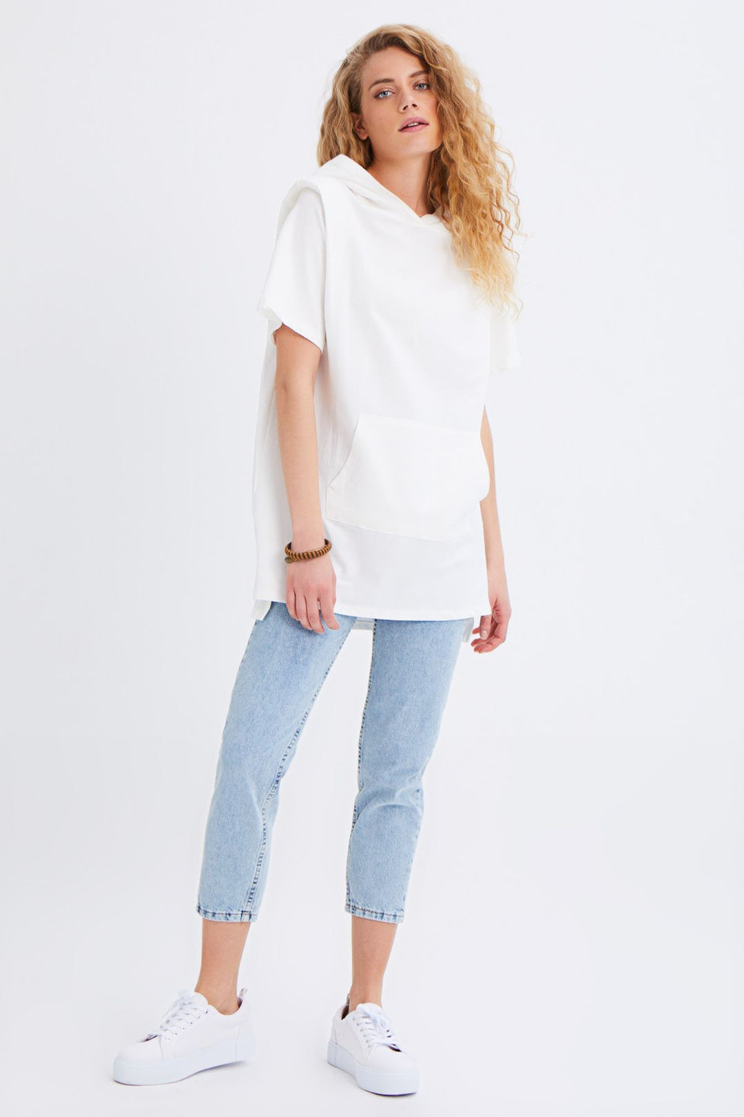 Hooded Kangaroo Pocket Long Sweatshirt Ecru