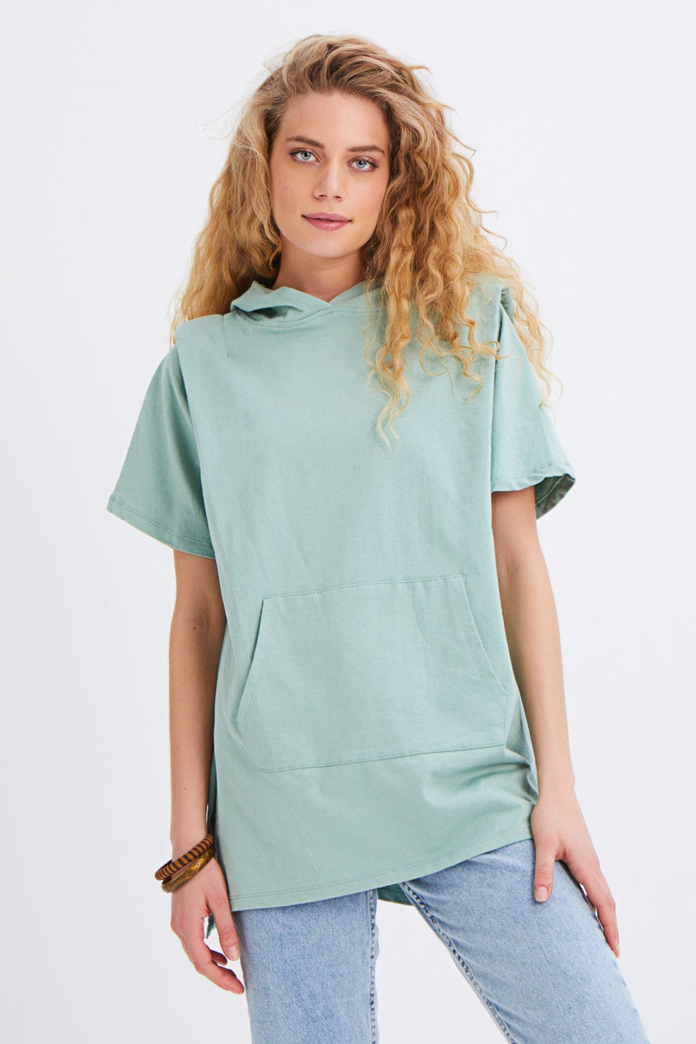 Hooded Kangaroo Pocket Long Sweatshirt Mint