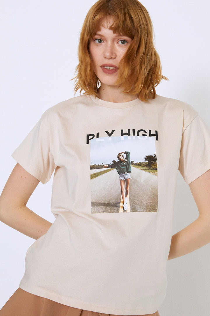 Baskılı Tişört Bej
