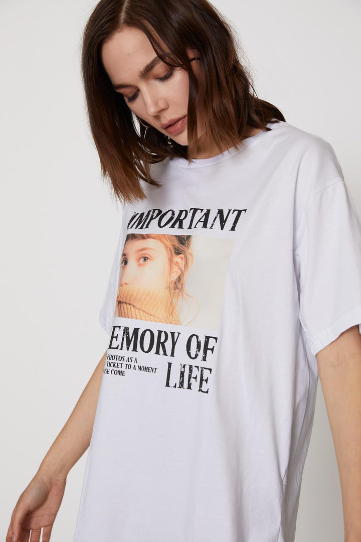Baskılı Oversize Tişört Beyaz