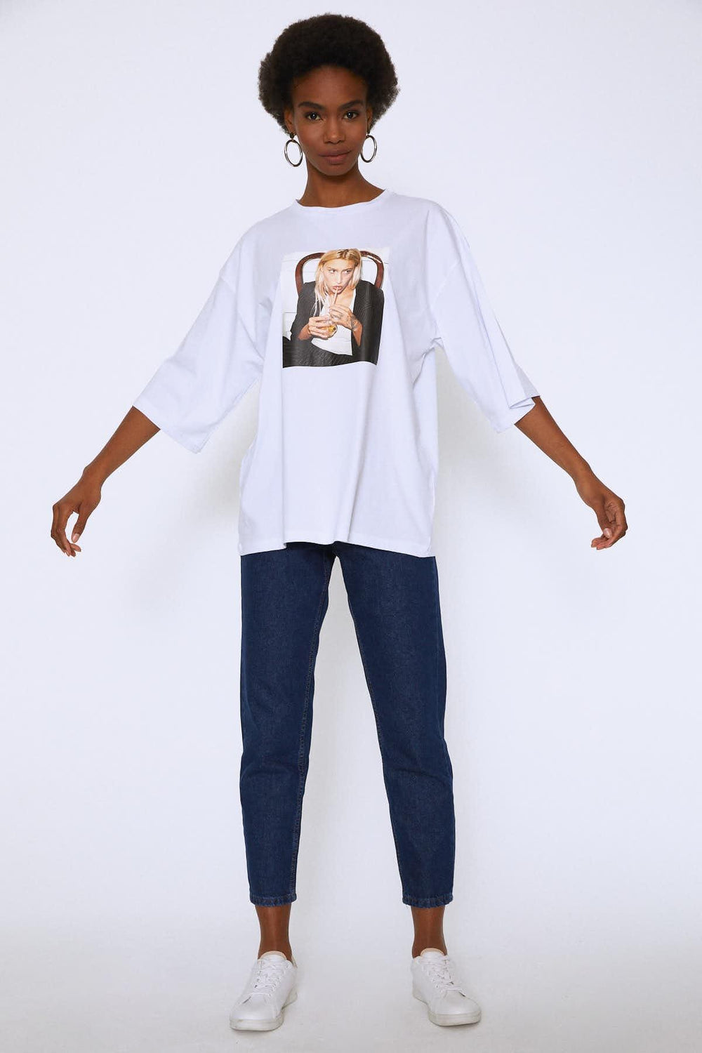 Oversize Baskılı Tişört Beyaz