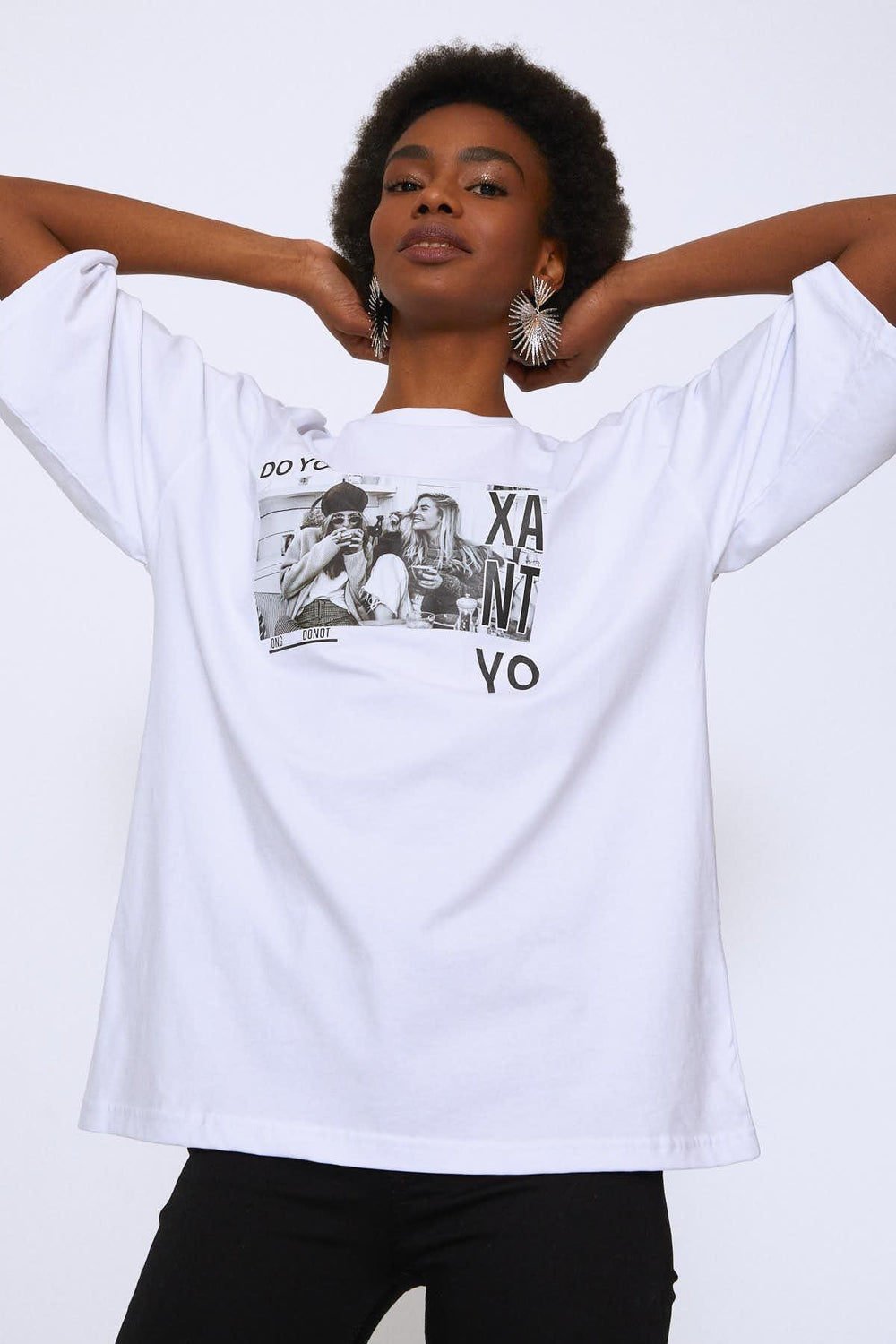 Baskılı Oversize Tişört Beyaz