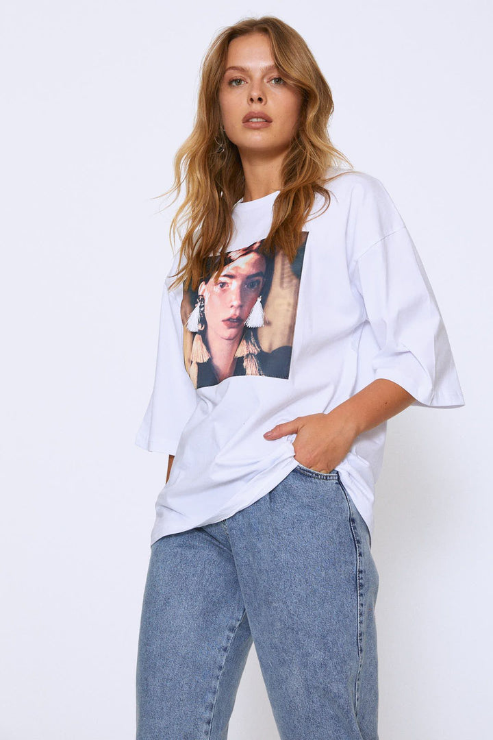 Oversize Baskılı Tişört Beyaz