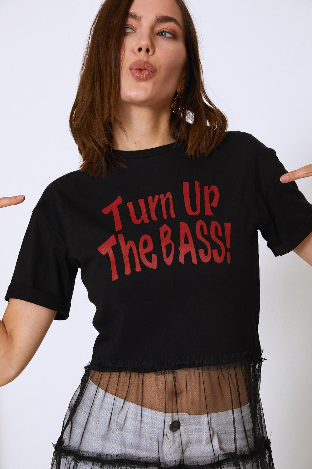 Baskılı Tül Detaylı Tişört Siyah