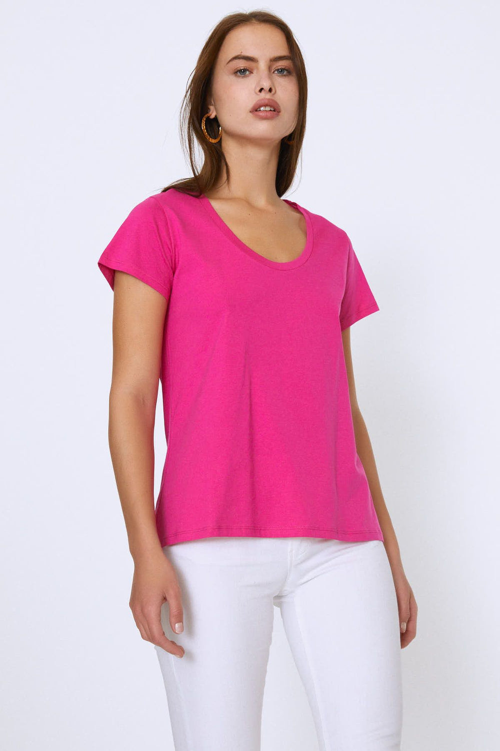 Geniş Yaka Basic Tişört Fuşya