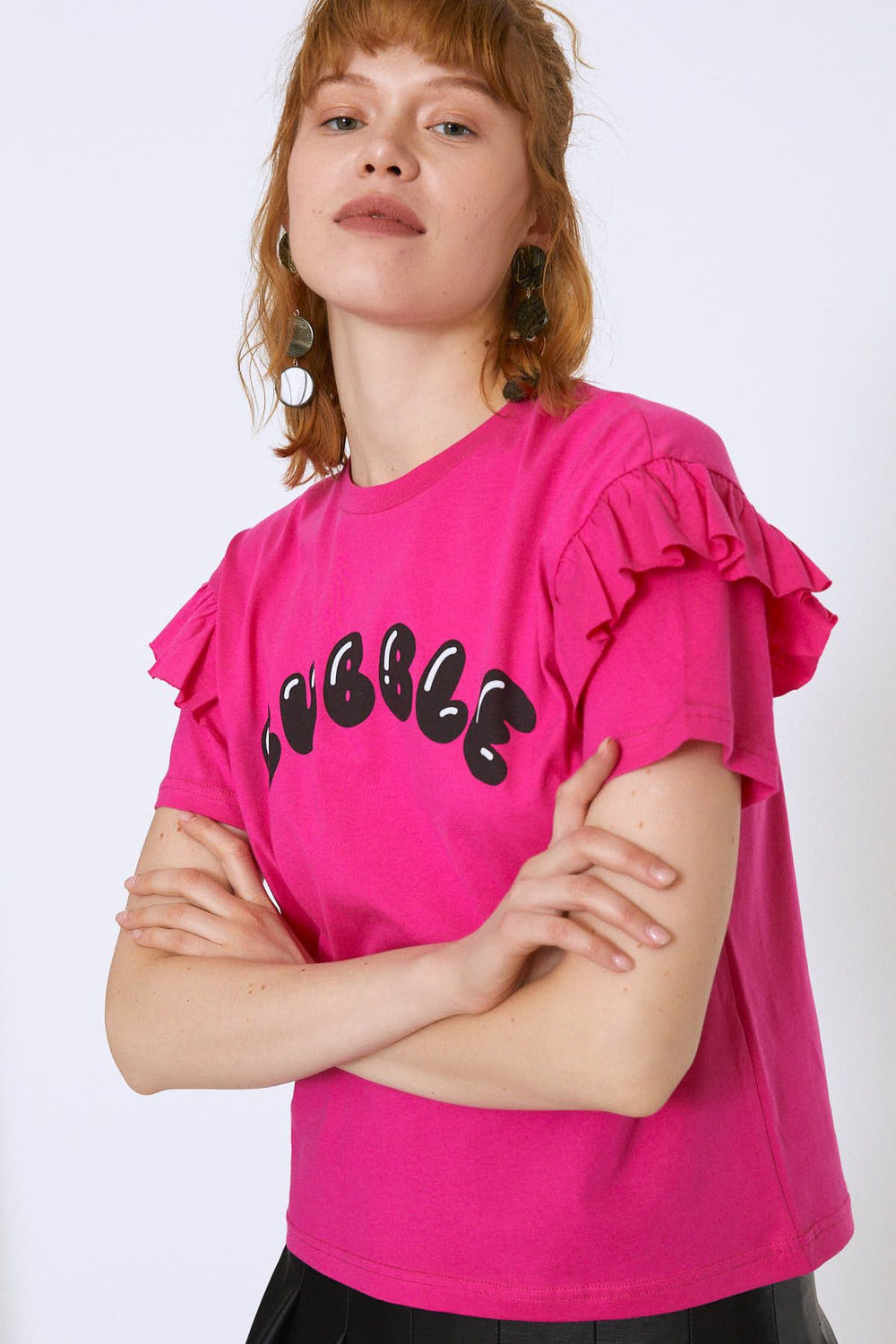 Kolları Fırfırlı Baskılı Tişört Fuşya