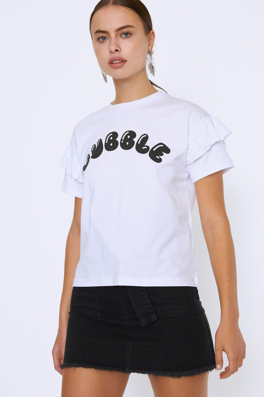 Kolları Fırfırlı Baskılı Tişört Beyaz