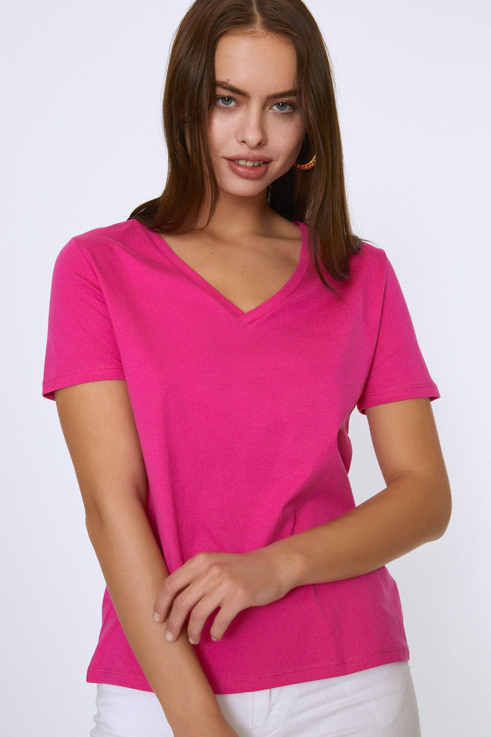 V Yaka Basic Tişört Fuşya