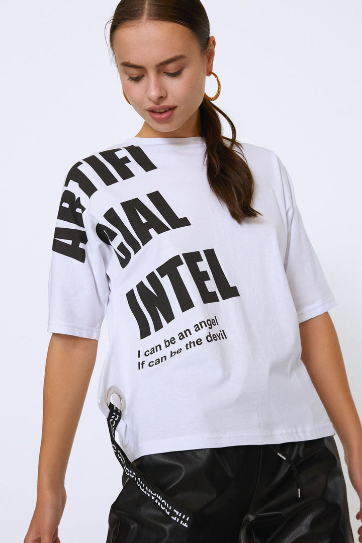 Bisiklet Yaka Baskılı Tişört Beyaz