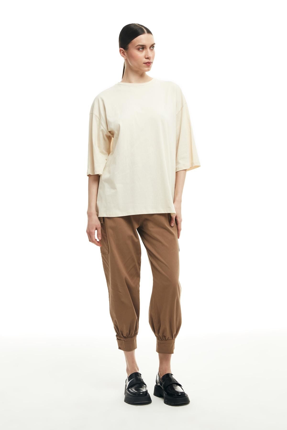 Trojan Sleeve Basic Oversize T-Shirt Beige