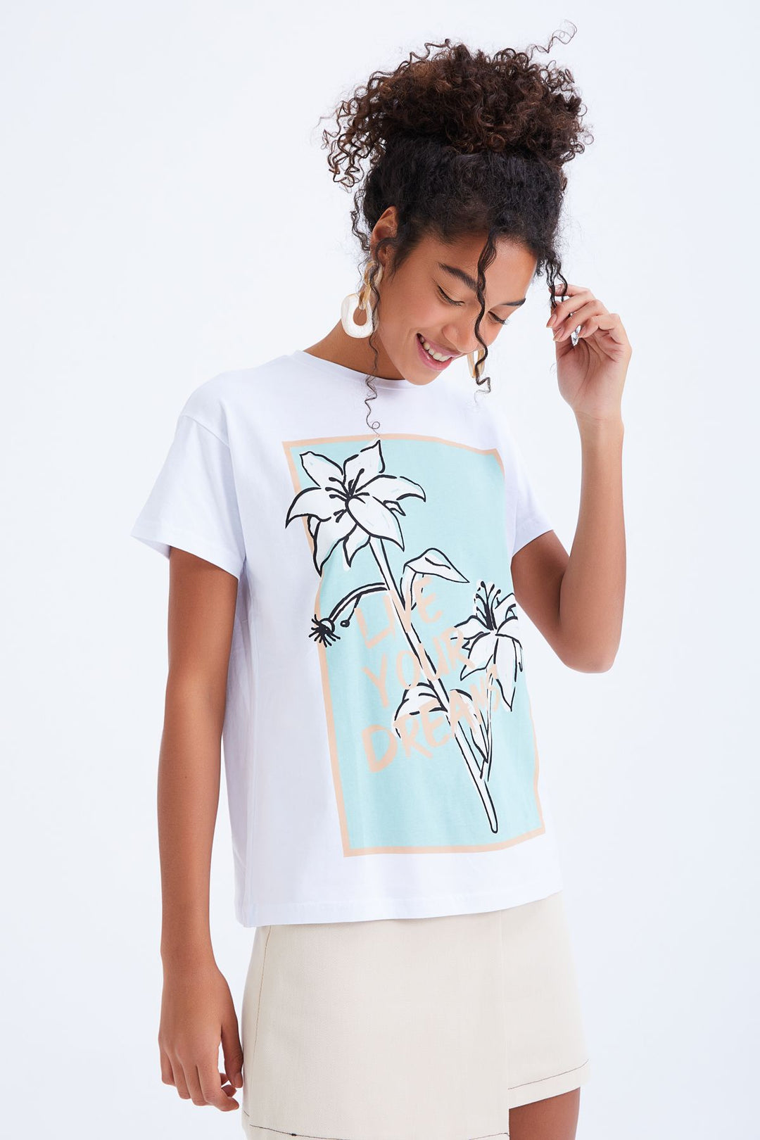 Baskılı Bisiklet Yaka Tişört Beyaz