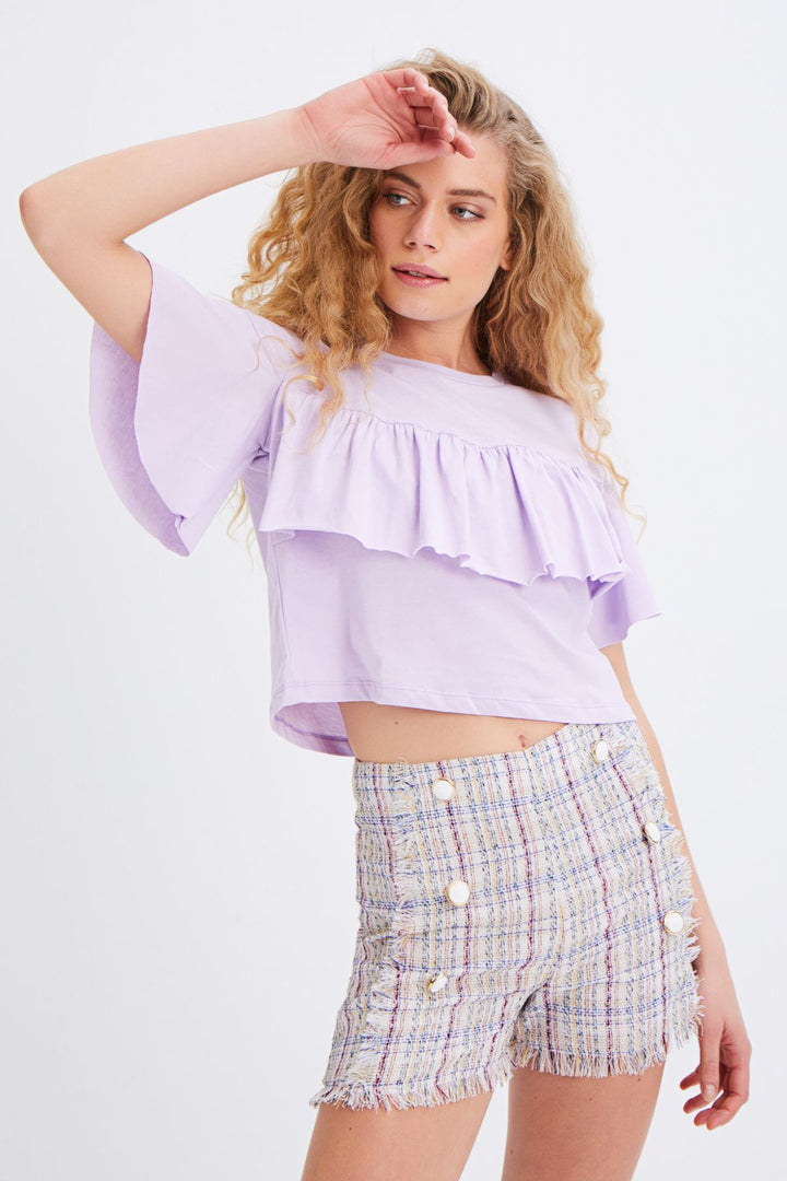 Fırfırlı Crop Tişört Lila